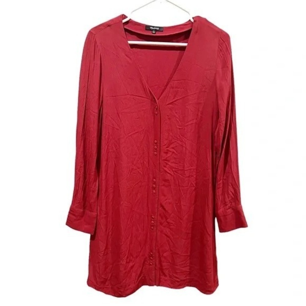 Madewell Red Button Front Tunic Dress Women's S 100% Viscose Long Sleeve V-Neck